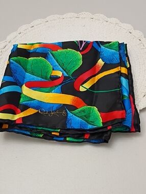 Rush Limbaugh Black Multicolor Silk Scarf with Leaf & Ribbon Print Bright Colors